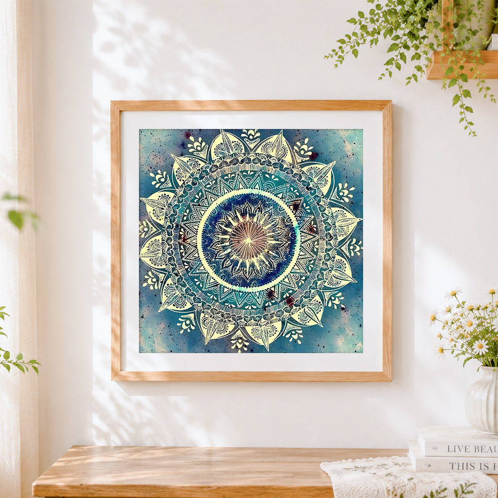 Finished blue and teal mandala paint by numbers artwork displayed as home decor
