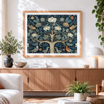 Finished blue and white floral tree with birds cross stitch artwork displayed