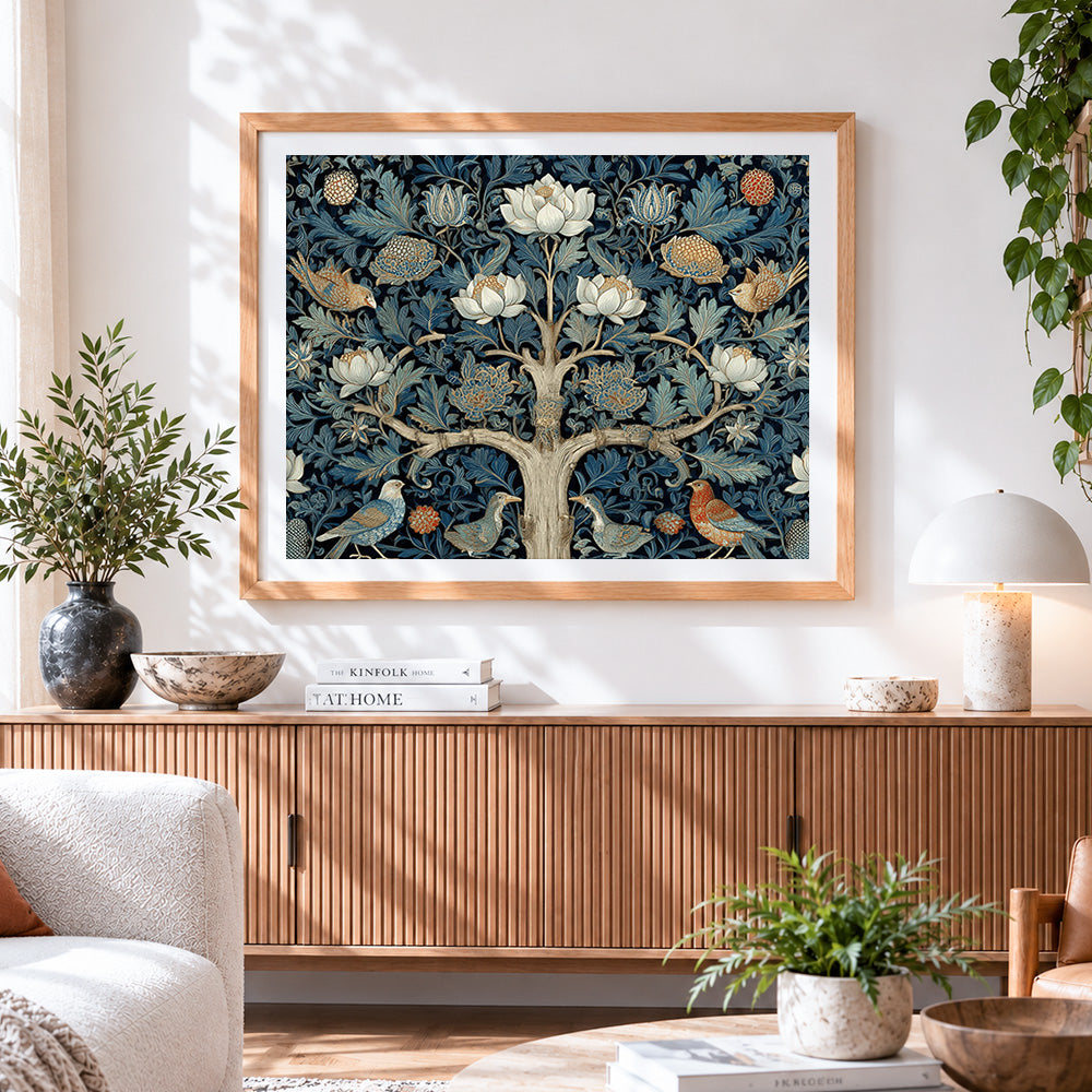 Finished blue and white floral tree with birds cross stitch artwork displayed