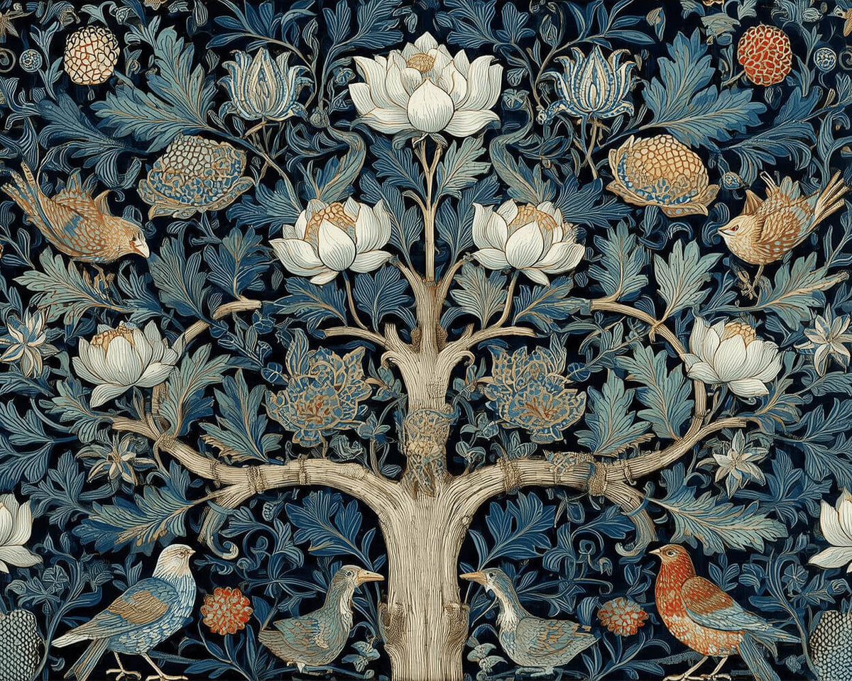 Blue and white floral tree with birds cross stitch kit for beginners