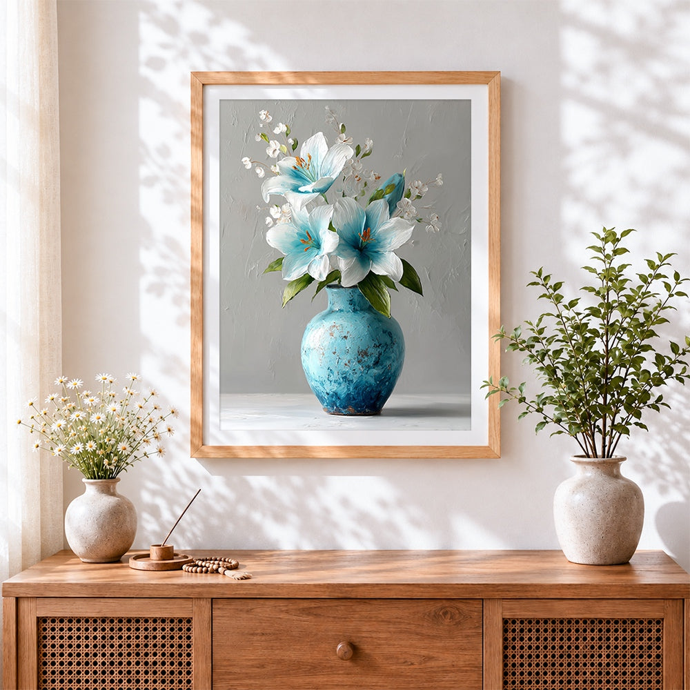 Finished blue and white lilies in a vase cross stitch artwork displayed