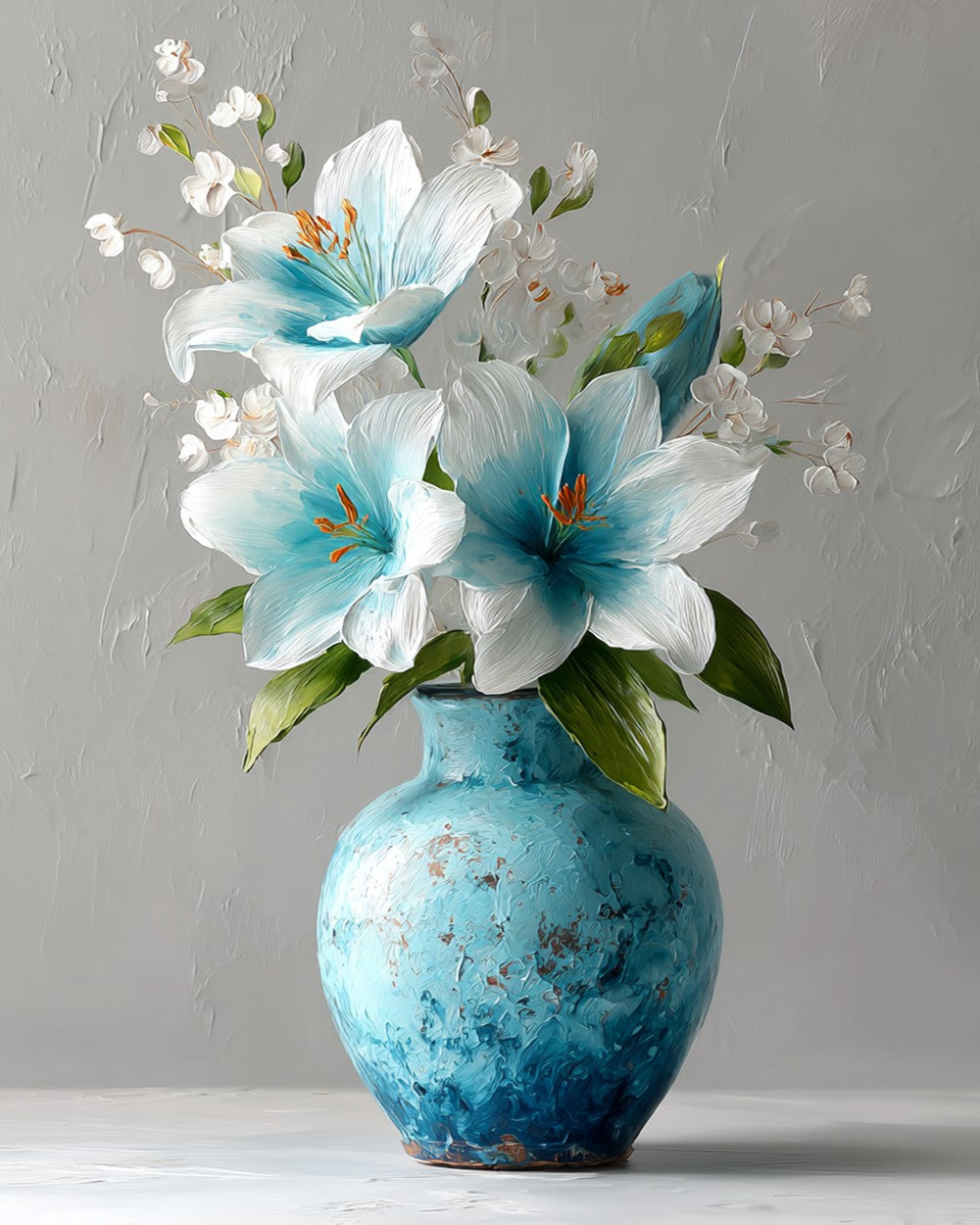 Blue and white lilies in a vase cross stitch kit for beginners