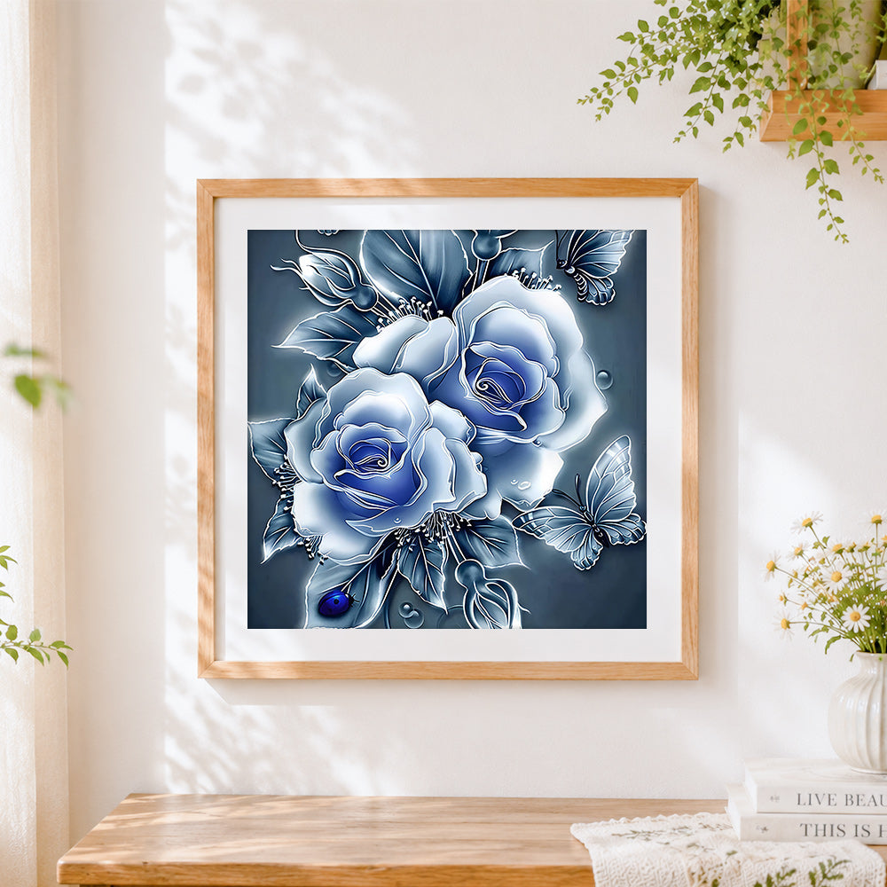 Finished blue and white roses with butterflies paint by numbers artwork displayed as home decor