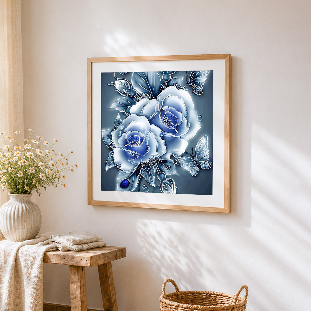Blue and white roses with butterflies paint by numbers artwork displayed on wall as home decor