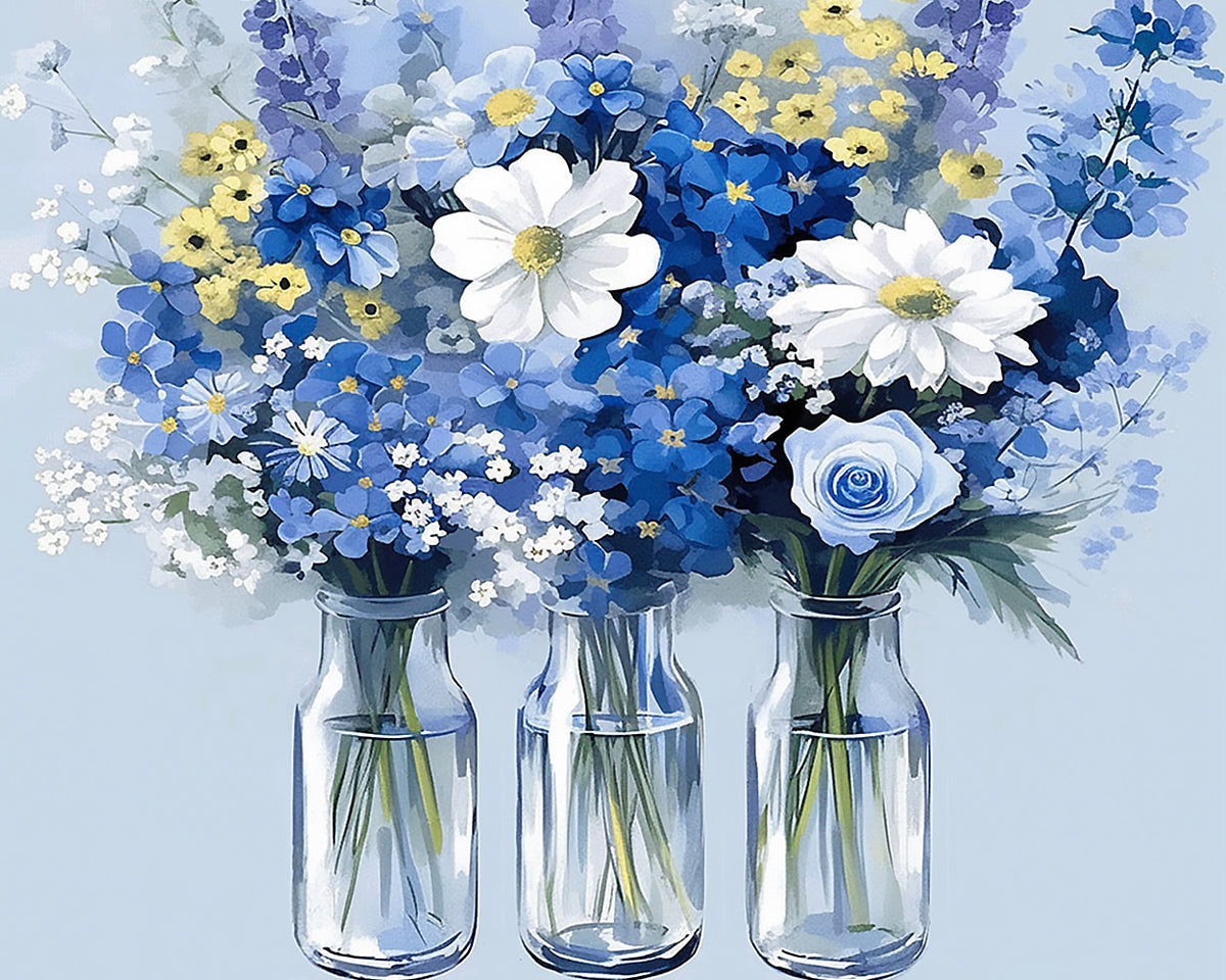 Blue and white wildflowers in glass bottles cross stitch kit for beginners