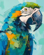 Blue and yellow macaw portrait cross stitch kit for beginners