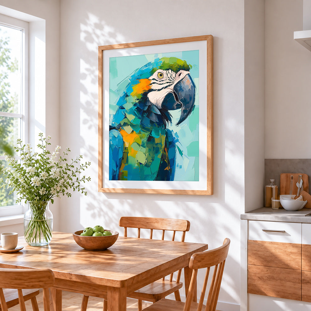 Blue and yellow macaw portrait cross stitch artwork displayed on wall as home decor