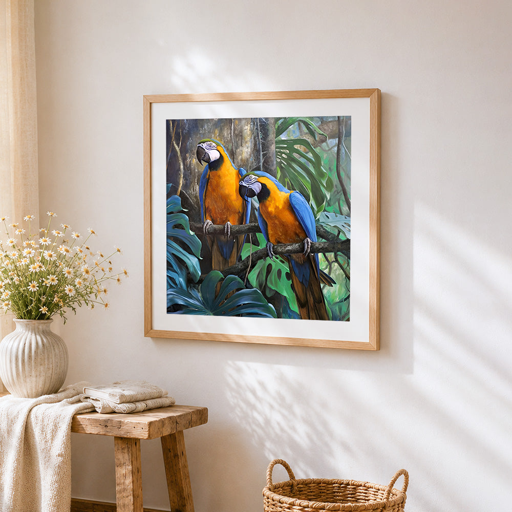 Blue and yellow macaws cross stitch artwork displayed on wall as home decor