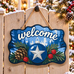 Blue bauble welcome decor paint by numbers door hanger on a garden gate