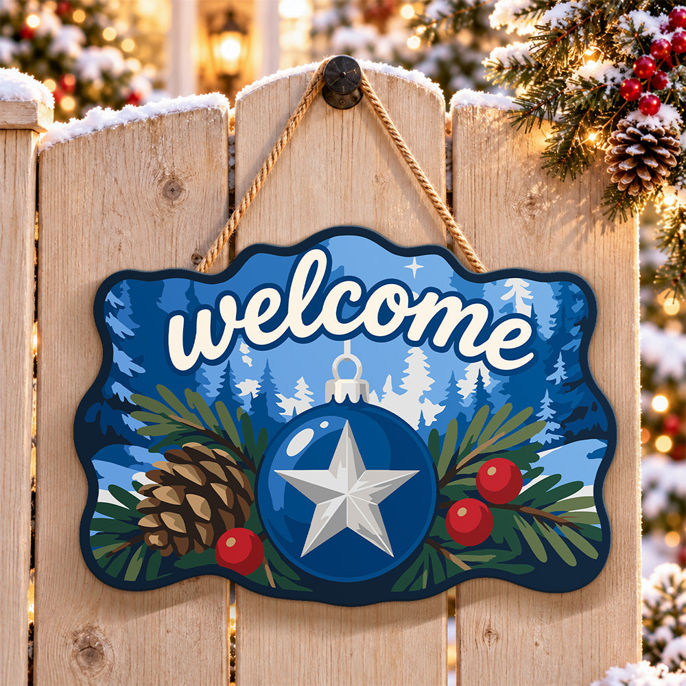 Blue bauble welcome decor paint by numbers door hanger on a garden gate