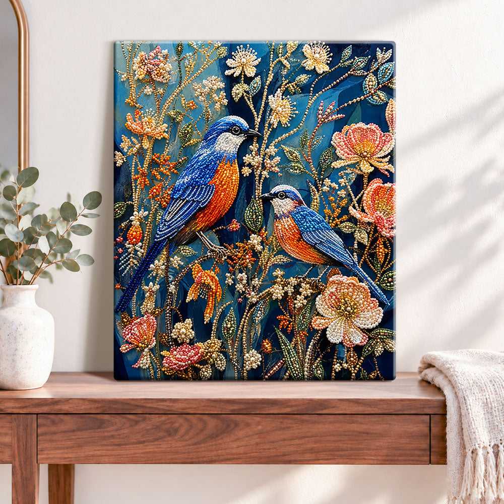 Finished blue beaded birds on branches pearl diamond painting artwork displayed as home decor