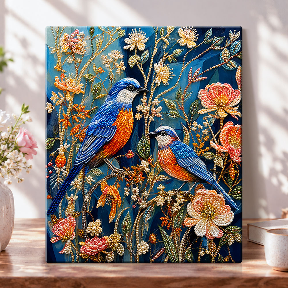 Blue beaded birds on branches pearl diamond painting kit for beginners