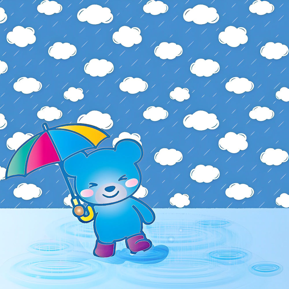 Blue bear with umbrella in rain cross stitch kit for beginners
