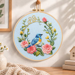 Blue bird inside pink rose wreath embroidery hoop wall art displayed as warm and cosy handmade home decor