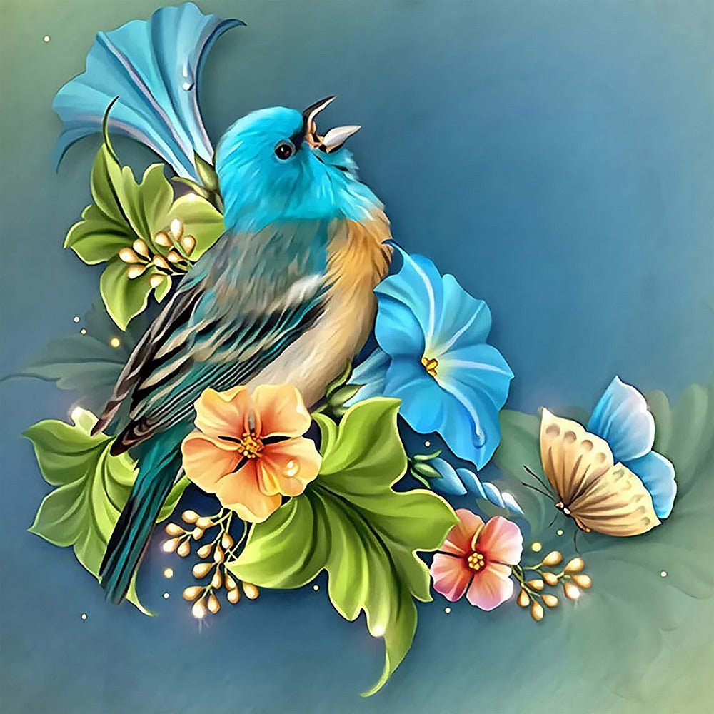 Blue bird with flowers cross stitch kit for beginners