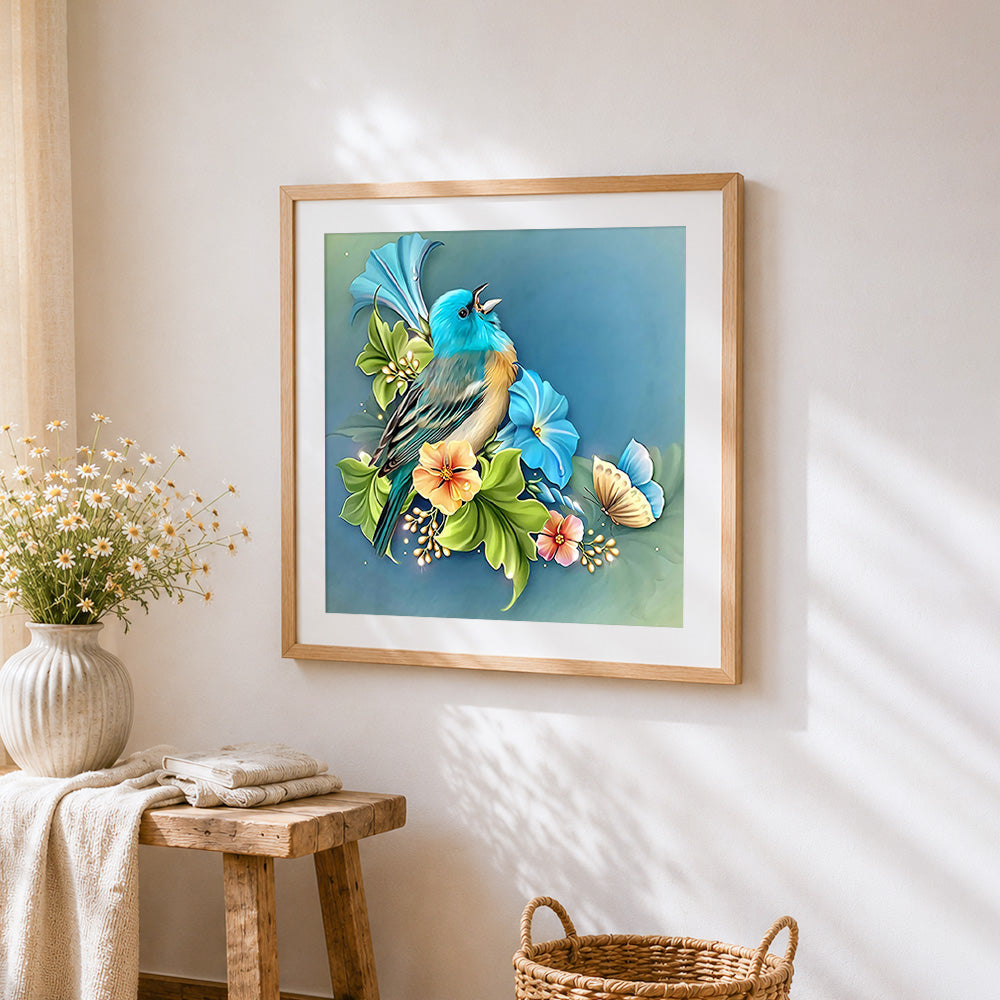 Blue bird with flowers cross stitch artwork displayed on wall as home decor