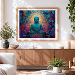 Finished blue buddha with floral halo cross stitch artwork displayed