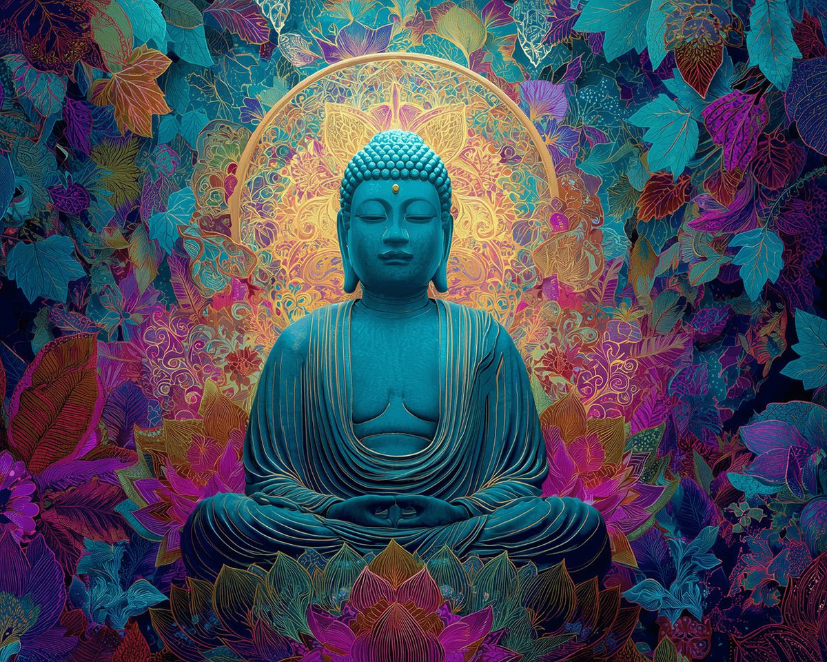 Blue buddha with floral halo cross stitch kit for beginners