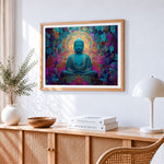 Blue buddha with floral halo cross stitch artwork displayed on wall as home decor