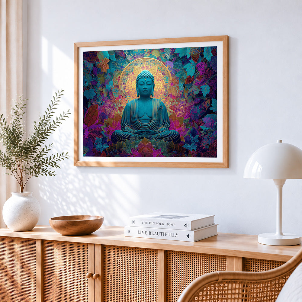 Blue buddha with floral halo paint by numbers artwork displayed on wall as home decor