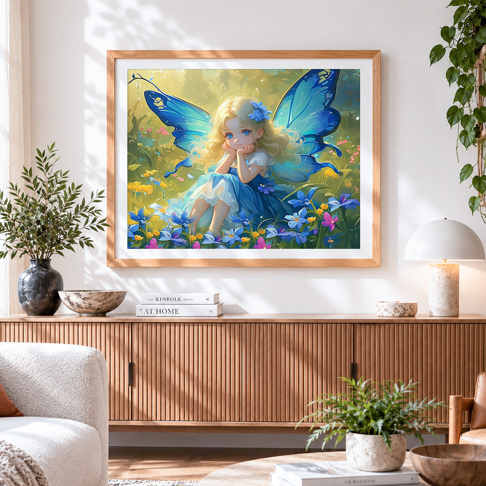 Finished blue butterfly fairy paint by numbers artwork displayed as home decor
