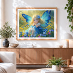Finished blue butterfly fairy paint by numbers artwork displayed as home decor