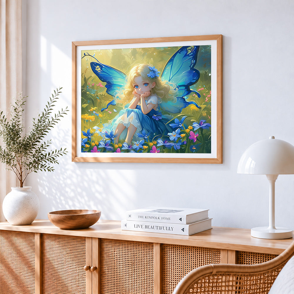 Blue butterfly fairy paint by numbers artwork displayed on wall as home decor
