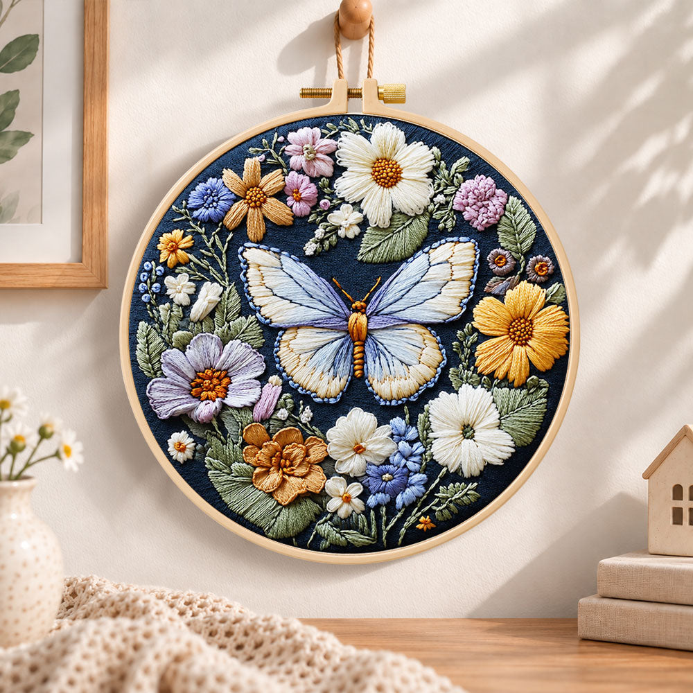 Blue butterfly in wildflower garden embroidery hoop wall art displayed as warm and cozy handmade home decor