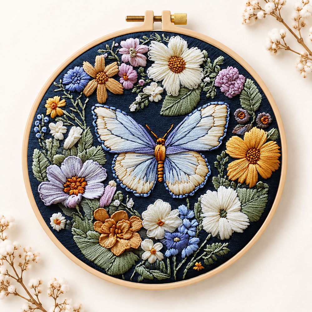 Blue butterfly in wildflower garden embroidery kit