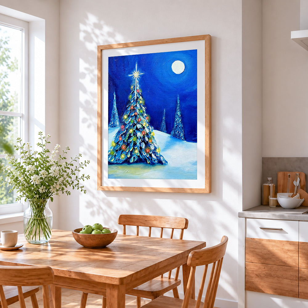 Blue christmas tree in the snow cross stitch artwork displayed on wall as home decor