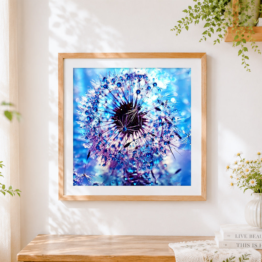 Finished blue dandelion with water droplets paint by numbers artwork displayed as home decor