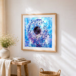 Blue dandelion with water droplets paint by numbers artwork displayed on wall as home decor