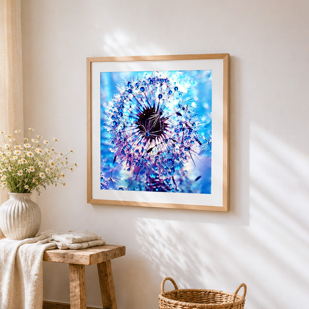 Blue dandelion with water droplets paint by numbers artwork displayed on wall as home decor