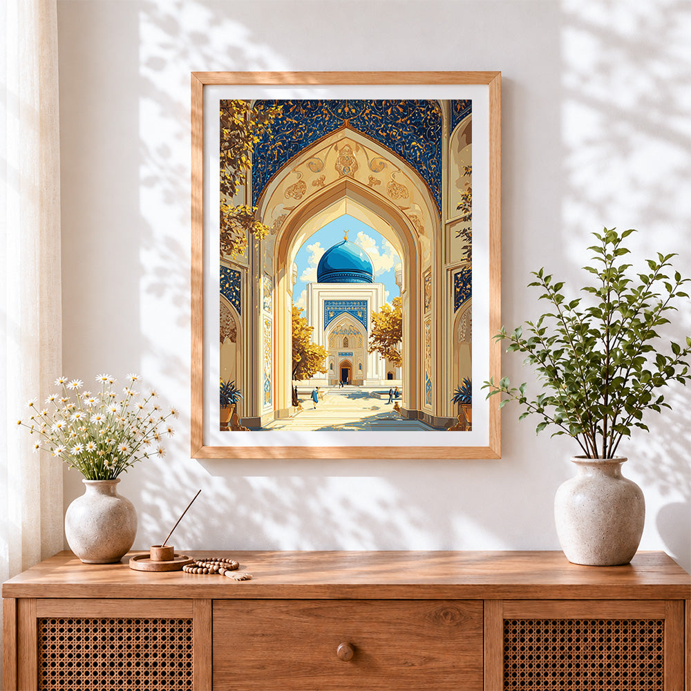 Finished blue dome mosque archway cross stitch artwork displayed