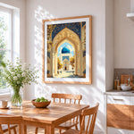 Blue dome mosque archway cross stitch artwork displayed on wall as home decor