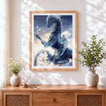 Finished blue dragon and white dove cross stitch artwork displayed