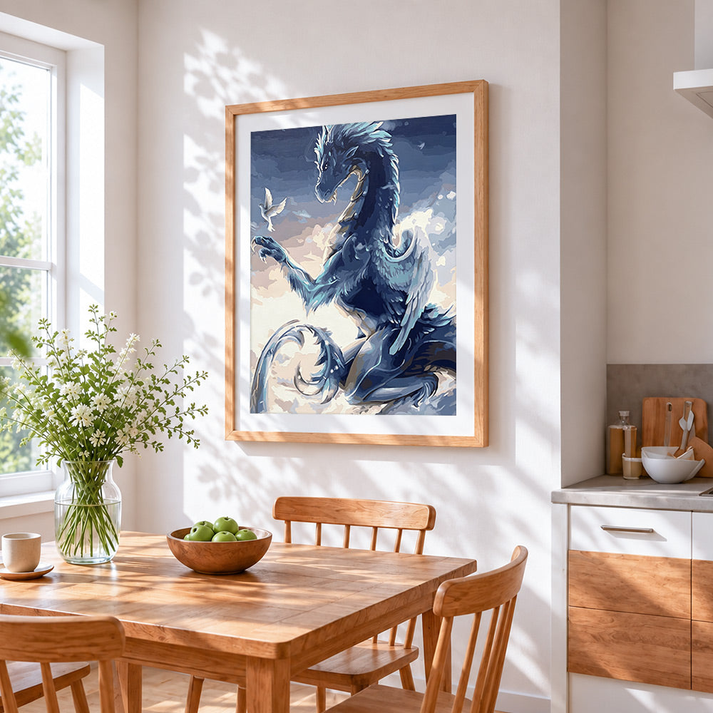 Blue dragon and white dove cross stitch artwork displayed on wall as home decor