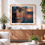 Finished blue eye and ocean collage cross stitch artwork displayed