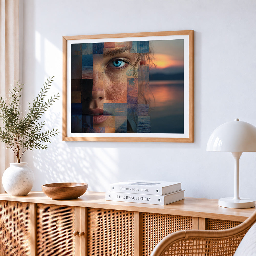 Blue eye and ocean collage paint by numbers artwork displayed on wall as home decor