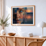Blue eye and ocean collage paint by numbers artwork displayed on wall as home decor