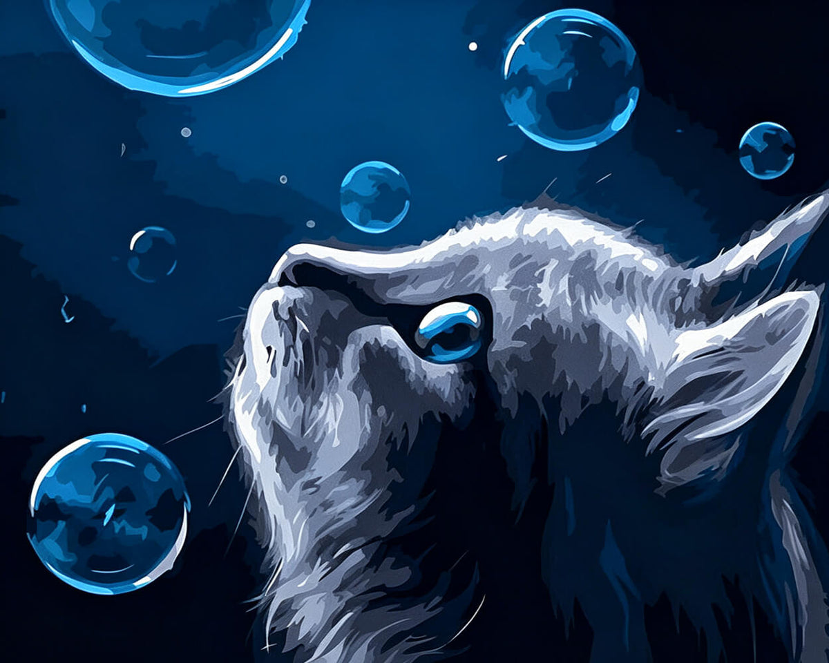 Blue eyed cat with bubbles cross stitch kit for beginners