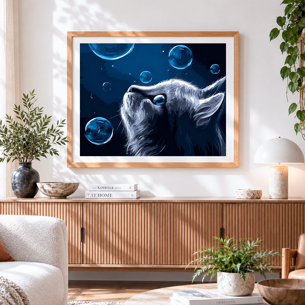 Finished blue eyed cat with bubbles paint by numbers artwork displayed as home decor
