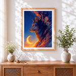 Finished blue eyed wolf in moonlit clouds cross stitch artwork displayed