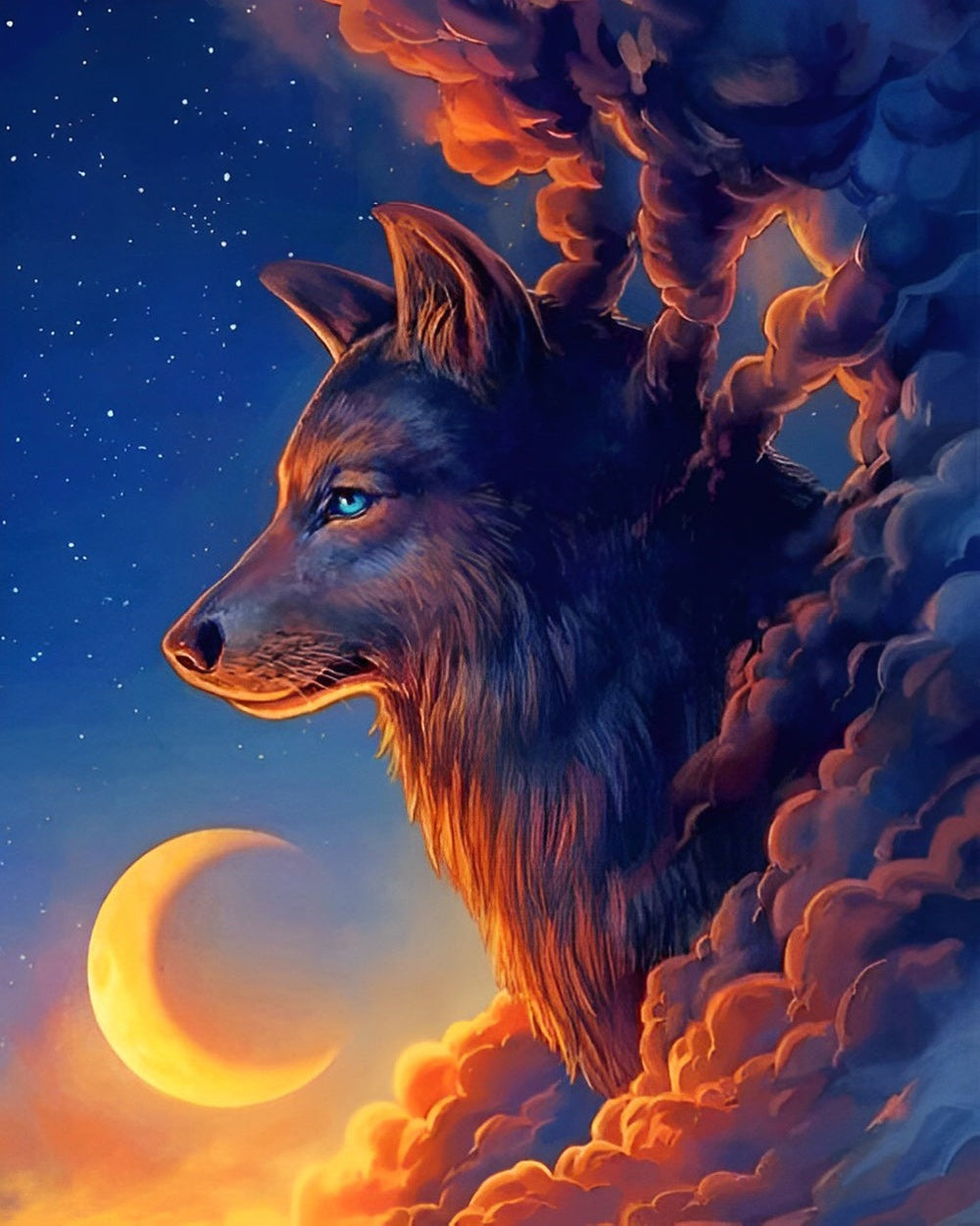Blue-eyed wolf in moonlit clouds paint by numbers kit for beginners