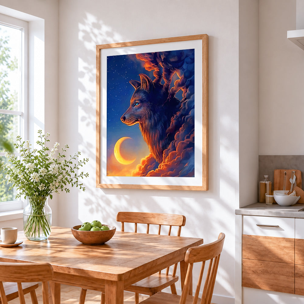 Blue-eyed wolf in moonlit clouds paint by numbers artwork displayed on wall as home decor