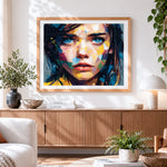 Finished blue eyed woman paint by numbers artwork displayed as home decor
