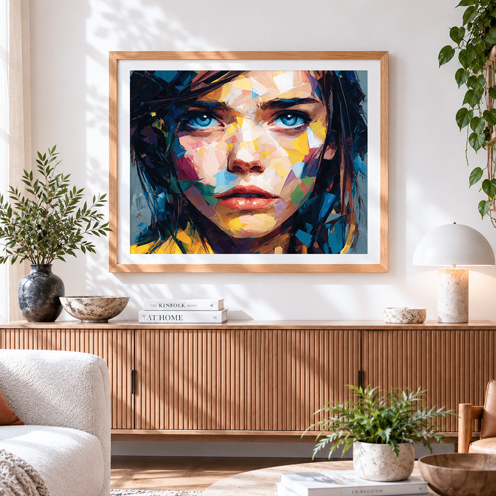Finished blue eyed woman paint by numbers artwork displayed as home decor