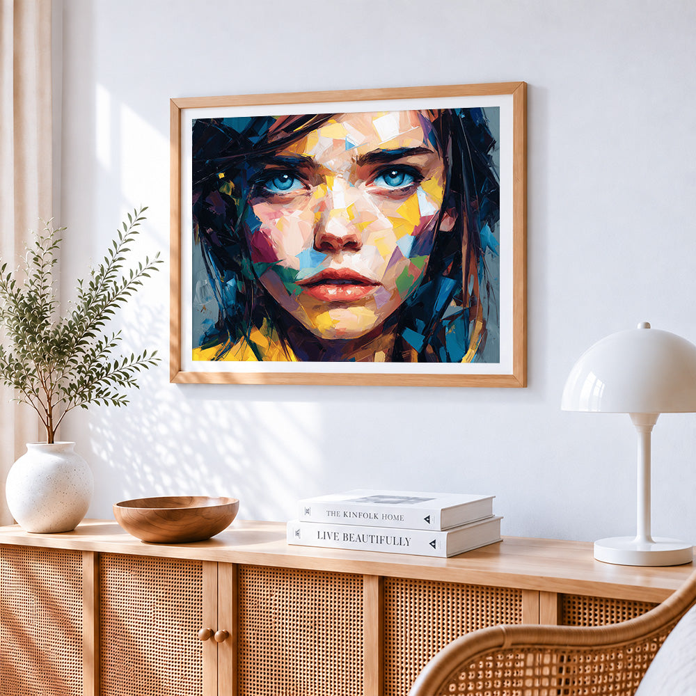 Blue eyed woman paint by numbers artwork displayed on wall as home decor