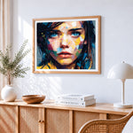 Blue eyed woman paint by numbers artwork displayed on wall as home decor