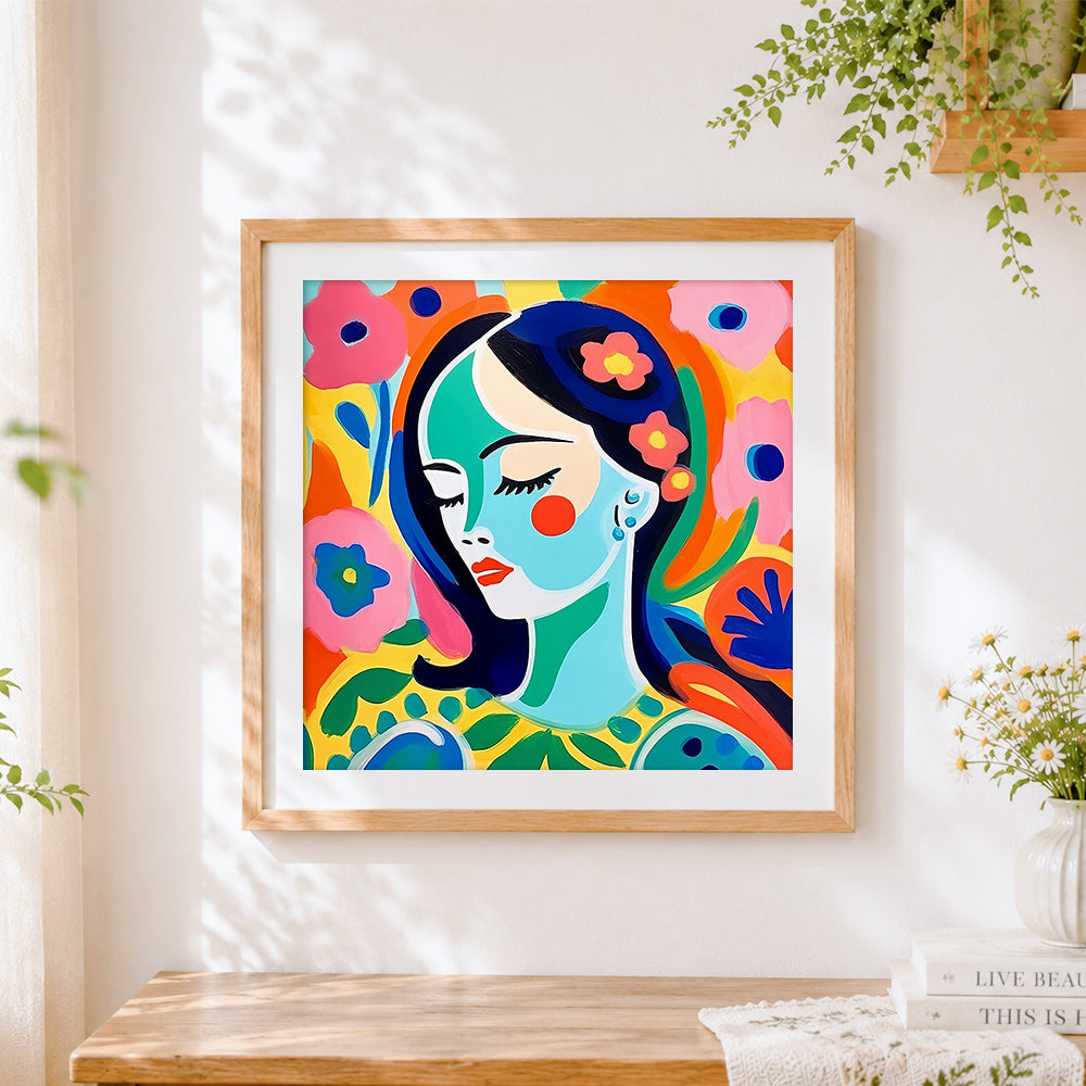 Finished blue faced woman with flowers cross stitch artwork displayed